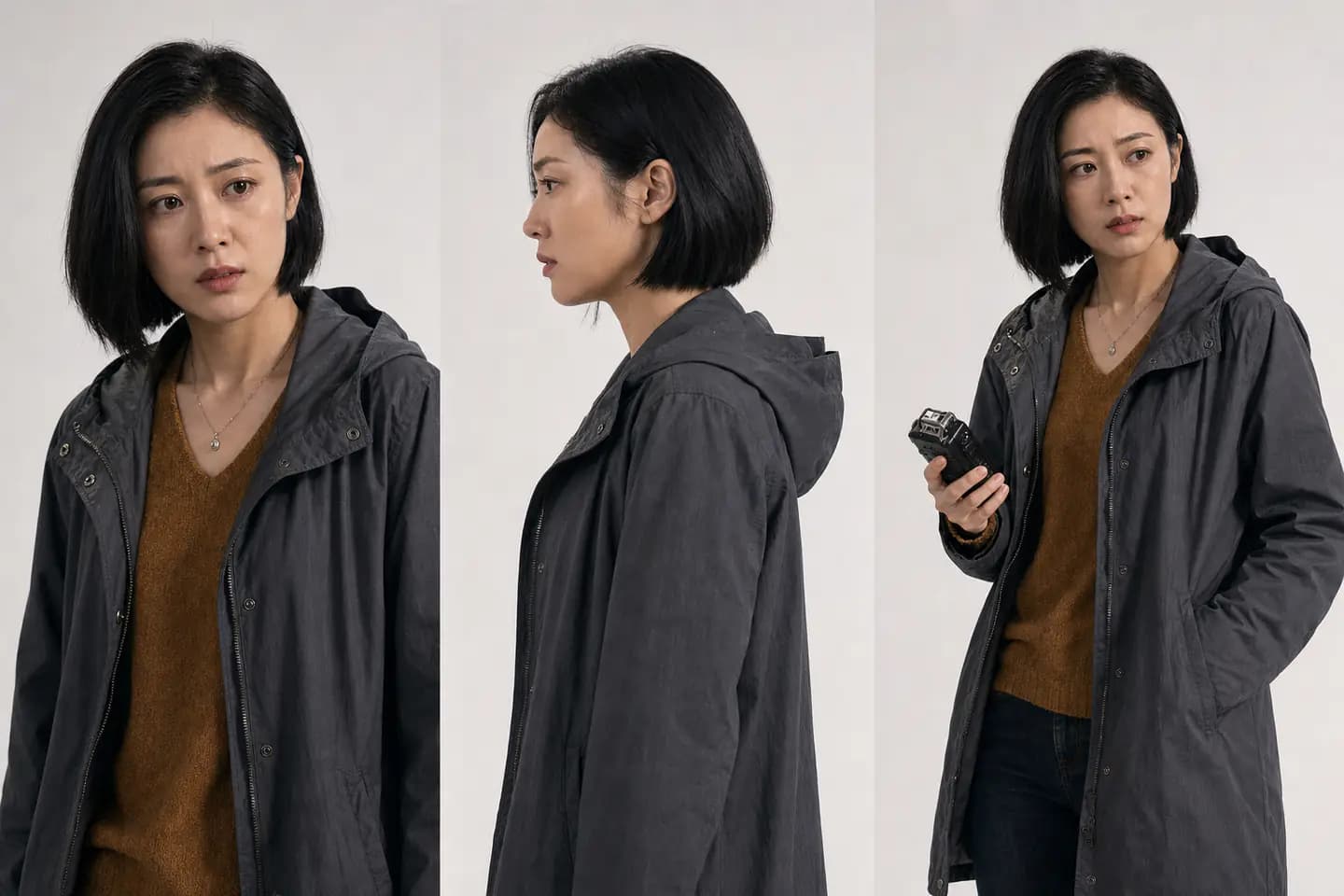 都市悬疑短剧女主的正面、侧面与服装道具连续性参考