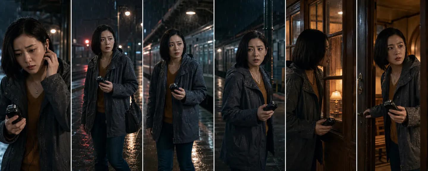 同一短剧女主在雨夜站台移动并进入候车室的连续视频关键帧