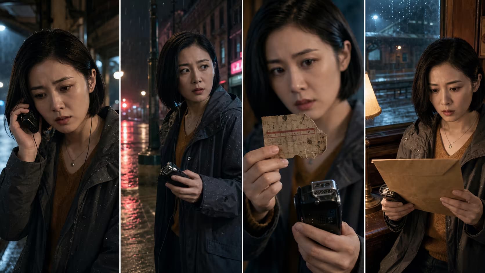 同一位都市悬疑短剧女主在雨夜车站追查匿名录音的四个连续关键帧